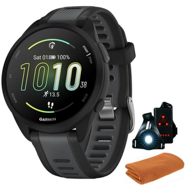 Garmin 010-02863-20 Forerunner 165 Smart Sport Watch Black + Slate Gray Bundle with Workout Cooling Sport Towel and Deco Essentials Wearable Commuter Front and Rear Safety Light