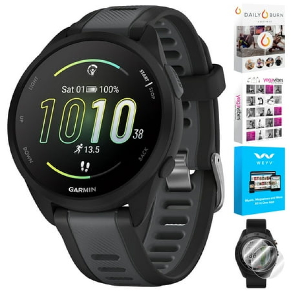 Garmin 010-02863-30 Forerunner 165 Music Smart Sport Watch Black + Slate Gray Bundle with Deco Essentials 2-Pack Screen Protector and Tech Smart USA Fitness & Wellness Suite