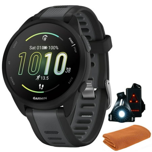 Garmin 010-02863-30 Forerunner 165 Music Smart Sport Watch Black + Slate Gray Bundle with Workout Cooling Sport Towel and Deco Essentials Wearable Commuter Front and Rear Safety Light