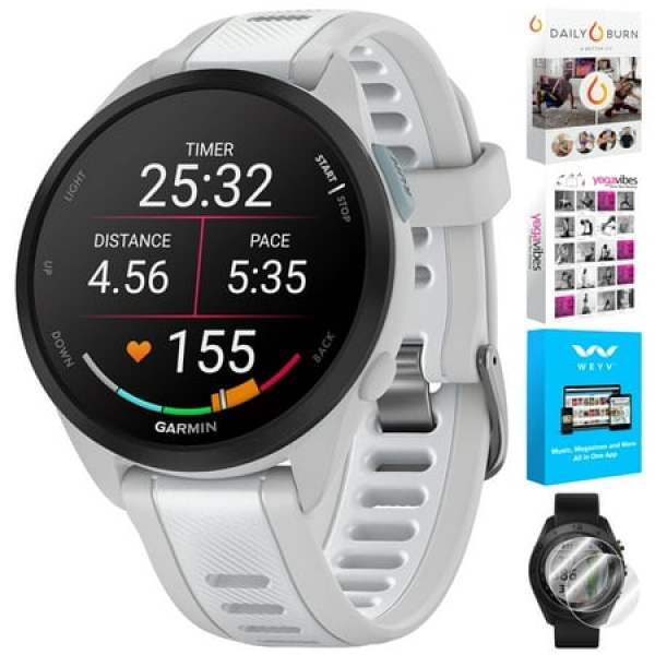 Garmin 010-02863-31 Forerunner 165 Music Smart Sport Watch Mist Gray + Whitestone Bundle with Deco Essentials 2-Pack Screen Protector and Tech Smart USA Fitness & Wellness Suite