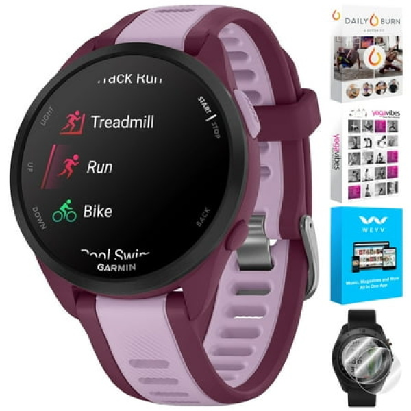 Garmin 010-02863-33 Forerunner 165 Music Smart Sport Watch Berry + Lilac Bundle with Deco Essentials 2-Pack Screen Protector and Tech Smart USA Fitness & Wellness Suite