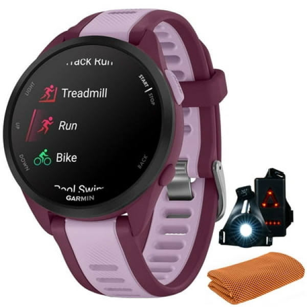 Garmin 010-02863-33 Forerunner 165 Music Smart Sport Watch Berry + Lilac Bundle with Workout Cooling Sport Towel and Deco Essentials Wearable Commuter Front and Rear Safety Light