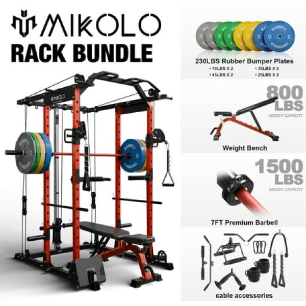 Mikolo Power Rack Cage 1500LBS Weight Cage with 800LB Capacity Adjustable Weight Bench 1500LB Capacity Barbell and 230LB Weight Plate set Combo Home Gym Package