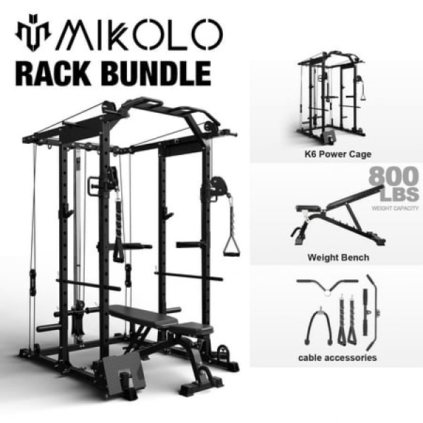 Mikolo Power Rack Cage 1500LBS Weight Cage with 800LB Capacity Adjustable Weight Bench Multi-Function Workout Rack Cage with Storage System J-Hook Band Peg Battle Rope Ring Home Gym