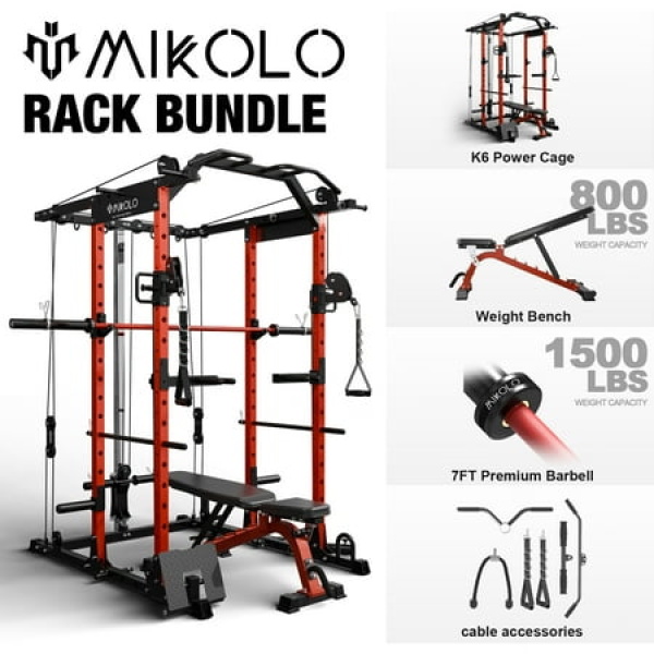 Mikolo Power Rack Cage Weight Cage with 800LB Capacity Adjustable Weight Bench and 1500LBS Capacity Barbell Combo