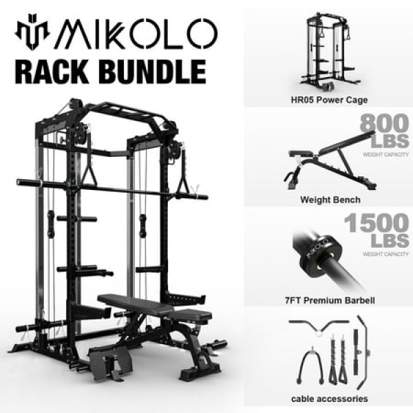 Mikolo Power Rack Cage Weight Rack with Dual Pulley Cable Crossover Machine Multi-Function Squat Rack with J Hooks Dip Bars and Landmine for Home Gym (Black)