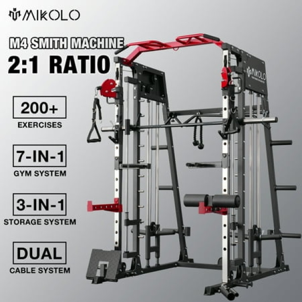 Mikolo Smith Machine 2200 lbs Power Rack Cage with Cable Crossover Weight Bar 360° Landmine Barbell Holders and Other Attachments Total Body Strength Training Cage