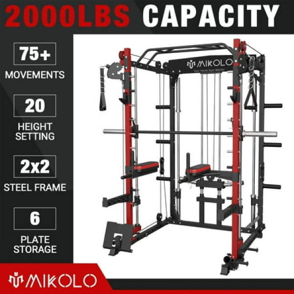 Mikolo Smith Machine Home Gym 2000lbs Squat Rack with LAT-Pull Down System & Cable Crossover Machine Training Equipment