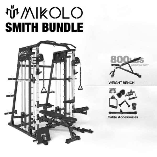 Mikolo Smith Machine Home Gym 2200 lbs Power Rack Cage with 800 lbs Weight Bench and Cable Crossover System Weight Bar 360° Landmine Home Gym