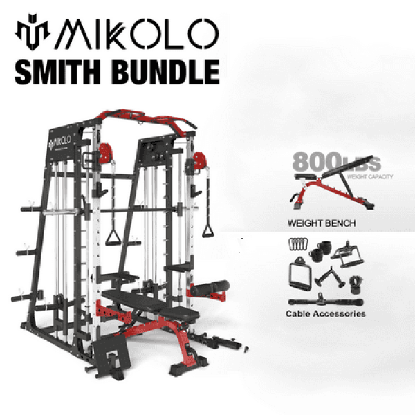 Mikolo Smith Machine Home Gym 2200 lbs Power Rack Cage with 800 lbs Weight Bench and Cable Crossover System Weight Bar 360° Landmine Home Gym