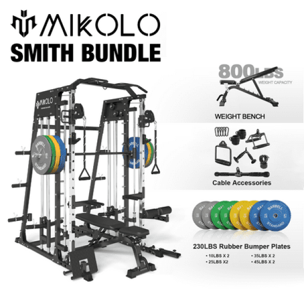 Mikolo Smith Machine Home Gym 2200 lbs Power Rack Cage with Cable Crossover Smith Cage with 800LB Capacity Adjustable Weight Bench and 230 lbs Weight Plate Total Body Strength Training Cage