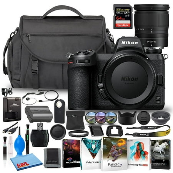 Nikon Z 6II 24.5MP Mirrorless Digital Camera with 24-70mm Lens (1663) (Model) Bundle with SanDisk 64GB Extreme SD Card + Camera Bag + Corel Editing Software + Filter Kit