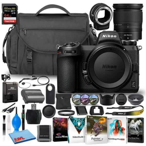 Nikon Z 7II 45.7MP Mirrorless Digital Camera with 24-70mm Lens (1656) (Model) Bundle with SanDisk 64GB Extreme SD Card + Nikon FTZ Adapter + Camera Bag + Editing Software