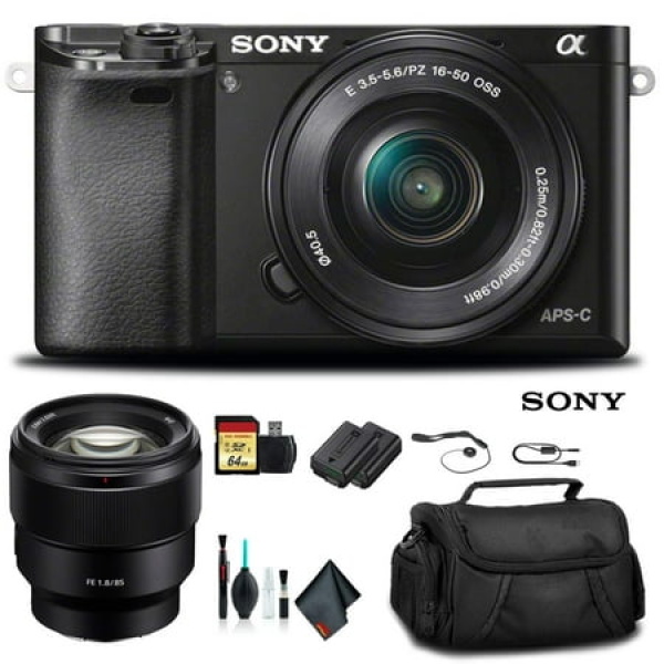 Sony Alpha a6000 Mirrorless Camera with 16-50mm Lens Black With Sony FE 85mm Lens Soft Bag Additional Battery 64GB Memory Card Card Reader Plus Essential Accessories