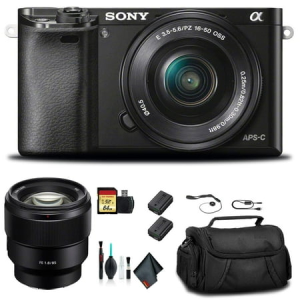 Sony Alpha a6000 Mirrorless Camera with 16-50mm and 55-210mm Lenses ILCE6000Y/B With Sony FE 85mm Lens Soft Bag Additional Battery 64GB Memory Card Card Reader Plus Essential Accessories