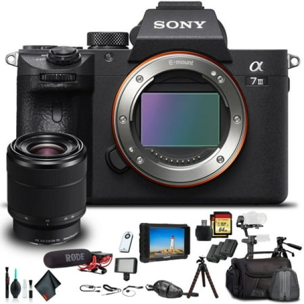 Sony Alpha a7 III Mirrorless Camera W/ 28-70mm Lens ILCE7M3K/B W/ Soft Bag Zhiyun-Tech WEEBILL Stabilizer Tripod 2x Extra Batteries Rode Mic LED Light 2x 64GB Cards External Monitor and More.