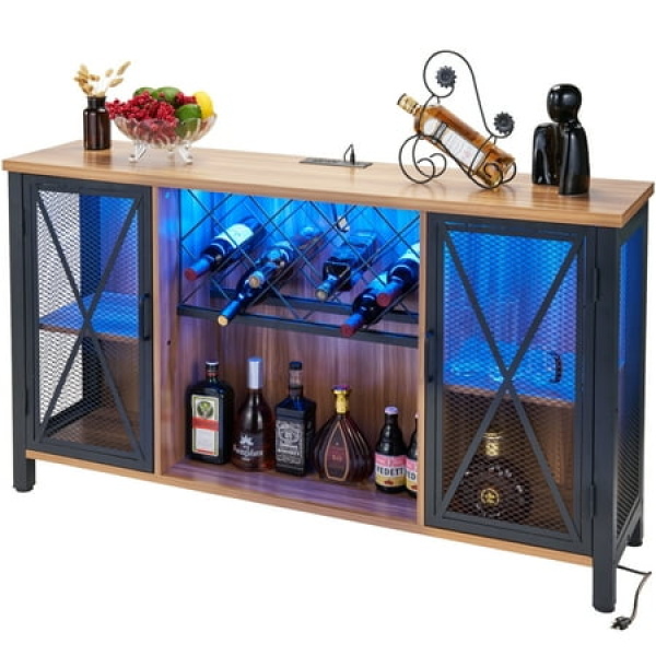 Wine Cabinet with Power Outlet and Light LED Wine Bar Stand for Liquor and Glasses Industrial Home Coffee Cabinet for Kitchen Dining Room Living Room Brown