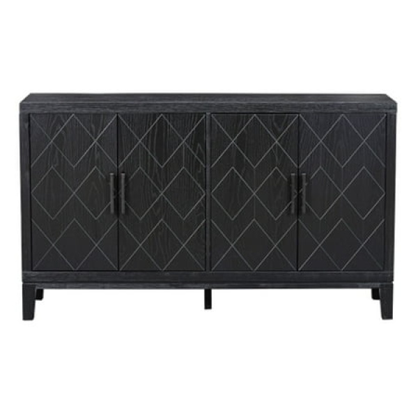 4-door Retro Sideboard with Adjustable Shelves Two Large Cabinet with Long Handle - Black