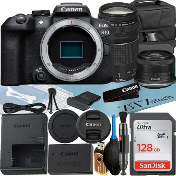 Canon EOS R10 Mirrorless Camera with RF-S 18-45mm + EF 75-300mm Lens + SanDisk 128GB Memory Card + Case + ZeeTech Accessory Bundle