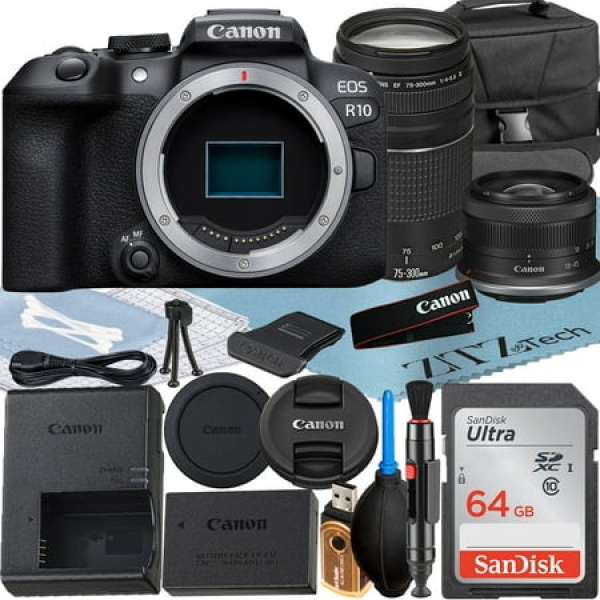 Canon EOS R10 Mirrorless Camera with RF-S 18-45mm + EF 75-300mm Lens + SanDisk 64GB Memory Card + Case + ZeeTech Accessory Bundle