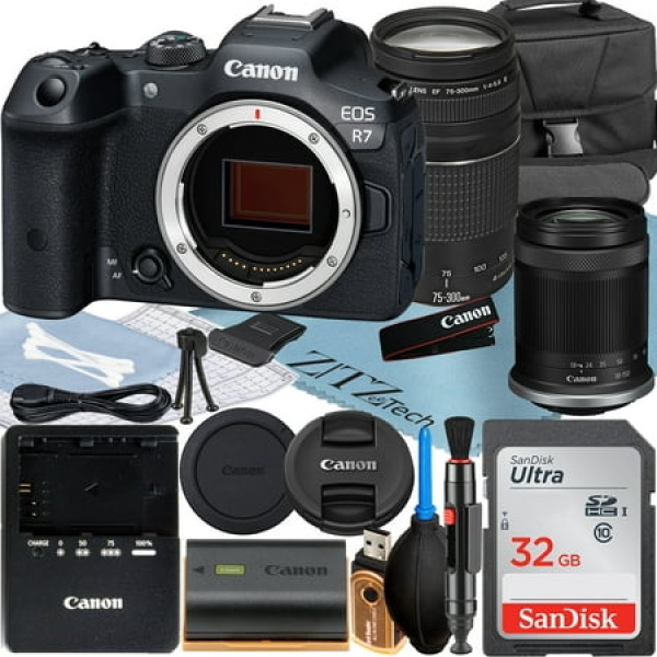 Canon EOS R7 Mirrorless Camera with RF-S 18-150mm + EF 75-300mm Lens + SanDisk 32GB Memory Card + Case + ZeeTech Accessory Bundle