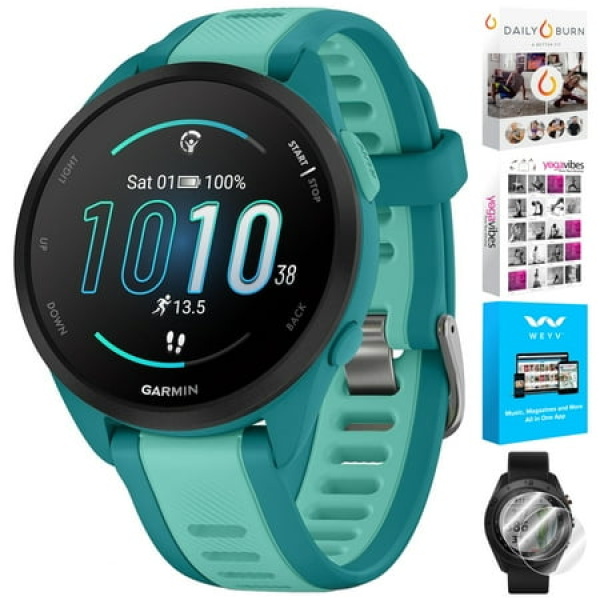 Garmin 010-02863-32 Forerunner 165 Music Smart Sport Watch Turquoise + Aqua Bundle with Deco Essentials 2-Pack Screen Protector and Tech Smart USA Fitness & Wellness Suite