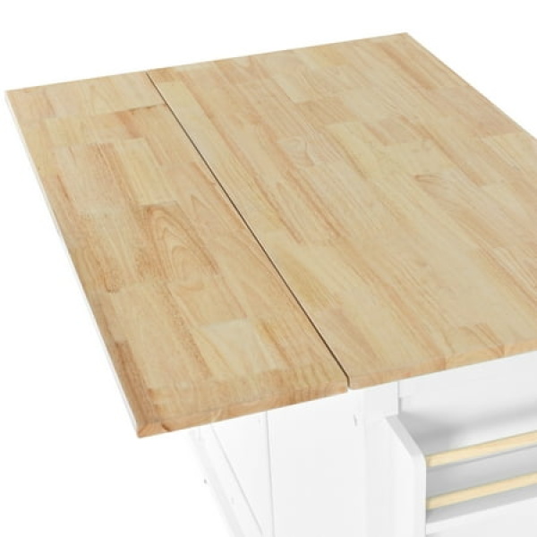 Kitchen Cart with Rubber wood Drop-Leaf Countertop White