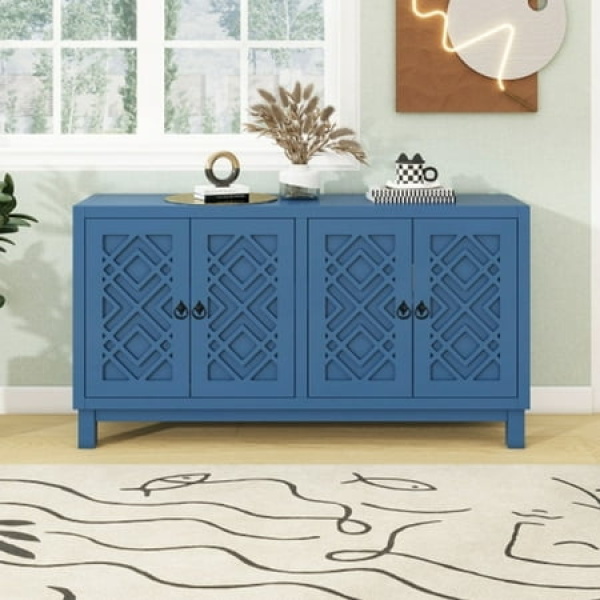 Large Storage Space Sideboard 4 Door Buffet Cabinet with Pull Ring Handles - Navy