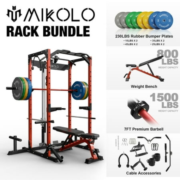 Mikolo Power Rack Cage with LAT Pulldown System 1200 lbs Capacity Power Rack with 800 lbs Capacity Weight Bench and 1500 lbs Capacity Barbell Combo (Upgraded)