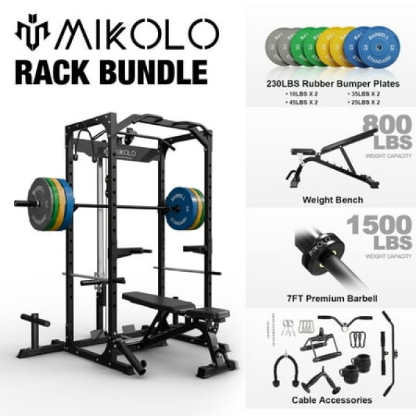 Mikolo Power Rack Cage with LAT Pulldown System 1200 lbs Capacity Power Rack with 800 lbs Capacity Weight Bench and 1500 lbs Capacity Barbell Combo (Upgraded)