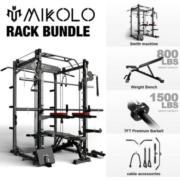 Mikolo Smith Machine 2000lbs Squat Rack with 800 lb Capacity Black Adjustable Bench and 1500lb Capacity Barbell Combo Training Equipment with LAT-Pull Down System & Cable Crossover Machine