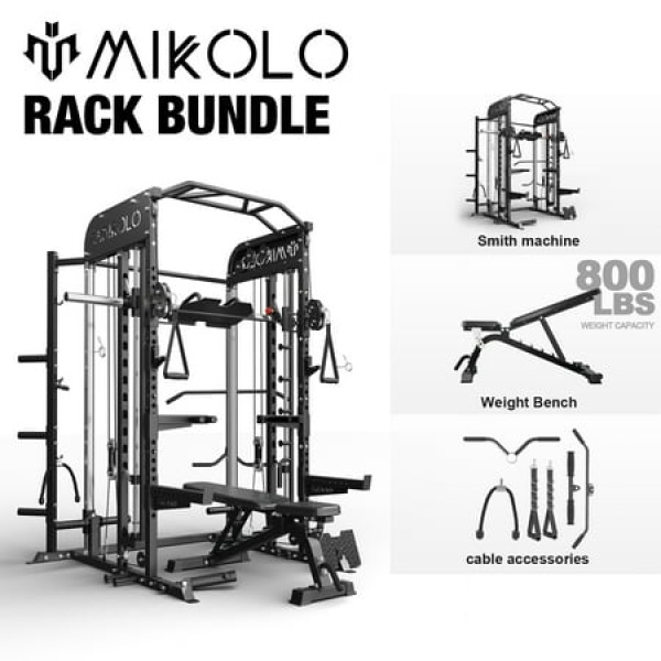 Mikolo Smith Machine All-in-One Power Rack Cage with Adjustable Cable Crossover Vertical Leg Press and Smith Bar with 800 lbs Capacity Weight Bench