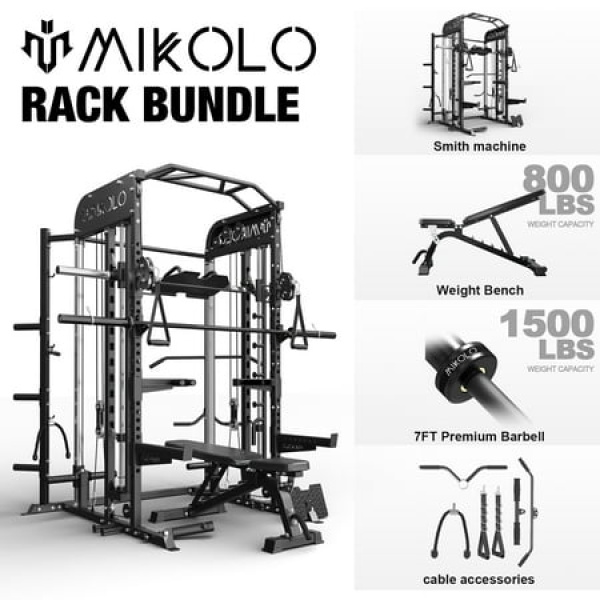 Mikolo Smith Machine All-in-One Power Rack Cage with Vertical Leg Press and Smith Bar with 800 lbs Capacity Weight Bench and 1500 lbs Capacity Barbell Combo