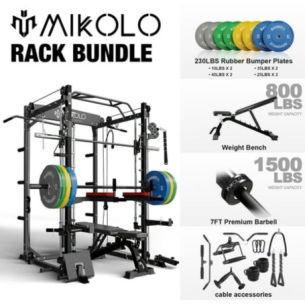 Mikolo Smith Machine Home Gym 2000 lbs Power Rack Cage with Cable Crossover Smith Cage with 800LB Capacity Adjustable Weight Bench and 230 lbs Weight Plate Total Body Strength Training Cage