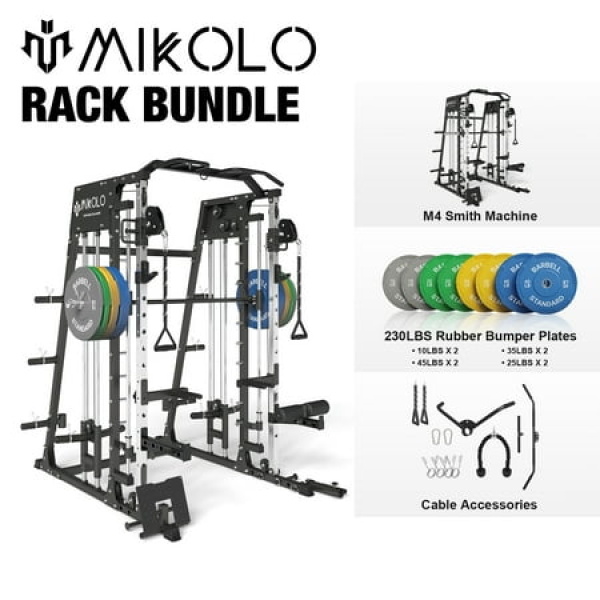 Mikolo Smith Machine Home Gym 2200 lbs Power Rack Cage with Cable Crossover Weight Bar 360° Landmine Barbell Holders and Other Attachments Total Body Strength Training Cage