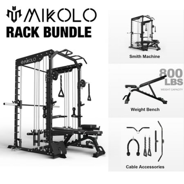 Mikolo Smith Machine Power Cage with Functional Trainer Multi-People Home Gym Training System with Adjustable Weight Bench