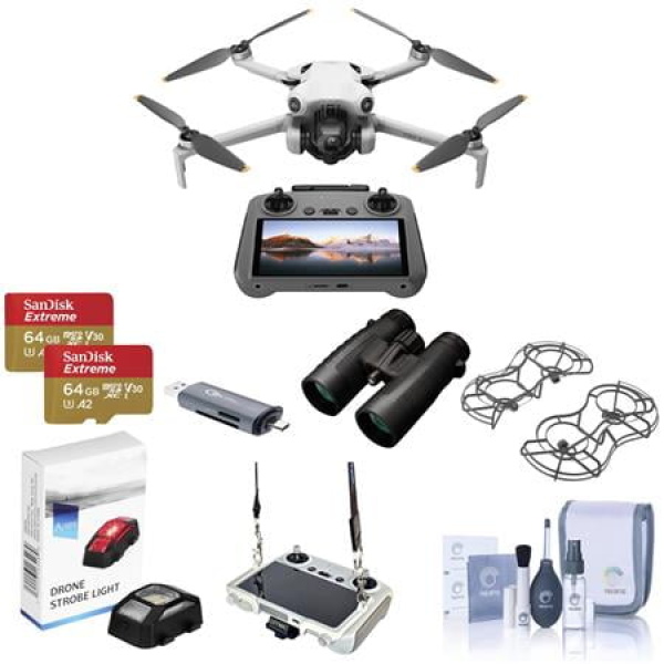 Mini 4 Pro Drone with RC 2 Controller Bundle with Bushnell 10x42mm Roof Prism Binocular and 2x 64GB Memory Card