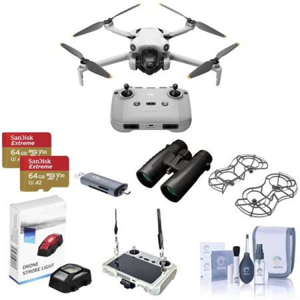 Mini 4 Pro Drone with RC-N2 Controller Bundle with Bushnell 10x42mm Roof Prism Binocular and 2x 64GB Memory Card