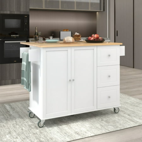 Qumbnk Wood Top Kitchen Island with Wheels and Towel Rack Kitchen Cart with Cabinet and Drawer White