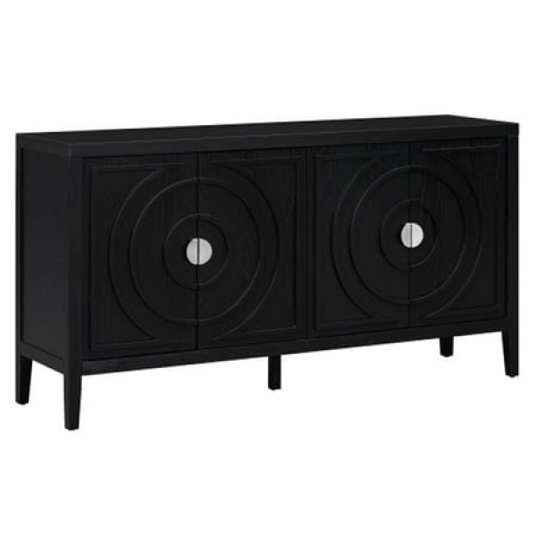 Retro Sideboard door with Circular Groove Design Round Metal Door Handle - Black