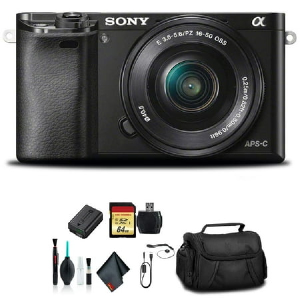 Sony Alpha a6000 Mirrorless Camera with 16-50mm Lens Black With Soft Bag 64GB Memory Card Card Reader Plus Essential Accessories