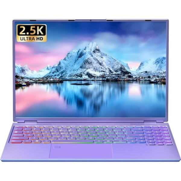 【Win 11 Pro/MS Office 2019】 16 Purple Laptop Ultra-Narrow bezels 2.5K FHD(2560x1600) IPS Screen/Celeron N5095 UPC/12G RAM 512GB SSD with Full Size Numeric Color Backlit KB/Fingerprint