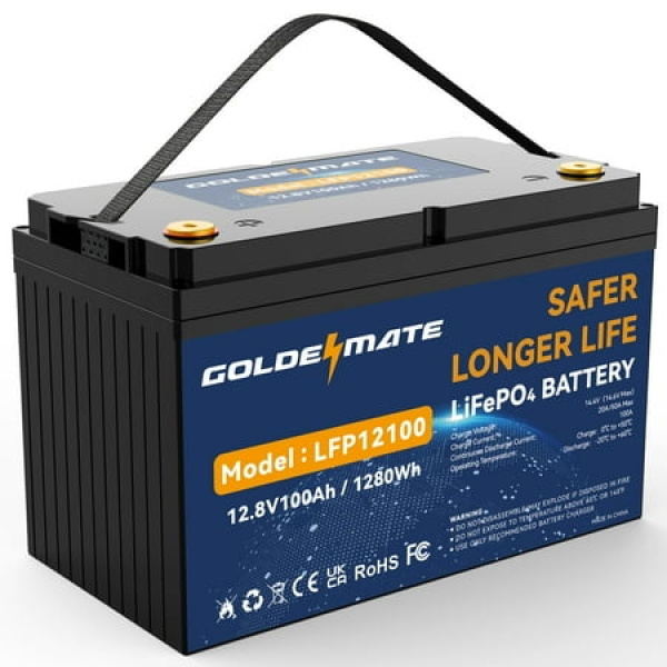 12V 100Ah LiFePO4 Lithium Battery 100A BMS 15000+ Deep Cycles GOLDENMATE Battery for RV Solar Marine Trolling Motor Golf Carts Backup Power