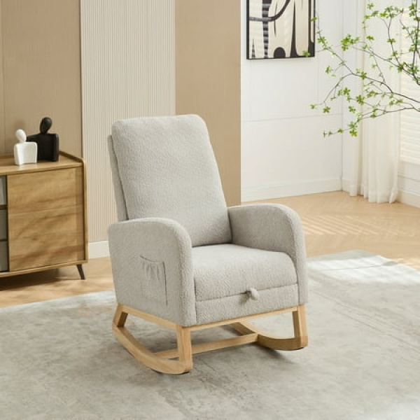 25.4 W Rocking Chair for Nursery High Back Glider Chair with Retractable Footrest Side Pocket Rocking Accent Armchair with Rubber Wood Legs for Living Room/Bedroom.Light Gray