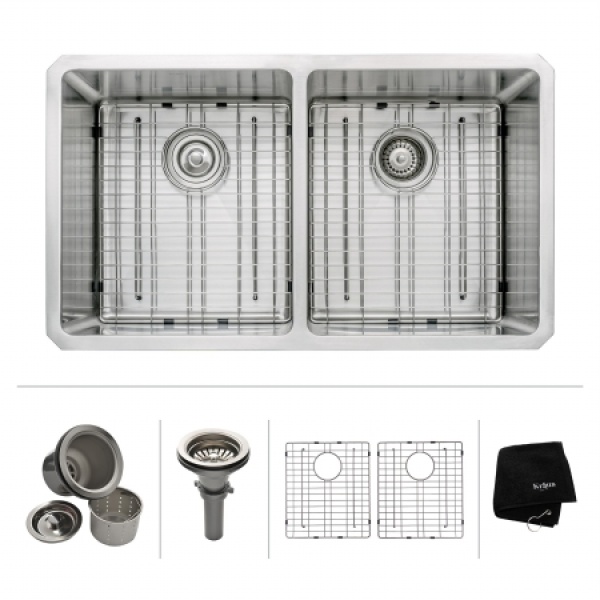 33 in. 16 Gauge Undermount 50 by 50 Double Bowl Stainless Steel Kitchen Sink with Noise Defend Soundproofing