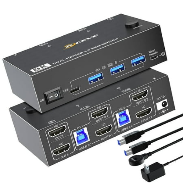 8K Hdmi Kvm Switch 2 Monitors 2 Computers Dual Monitor Kvm Switches Hdmi Support 8K@60Hz 4K@120Hz For 2 Pcs And 4 Usb3.0 Devices Support Extended And Copy Mode Wired Remote And Power Adapter