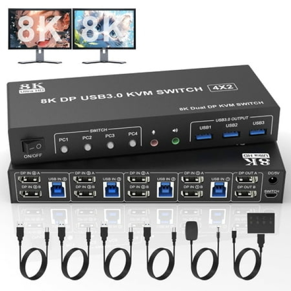 8K@60Hz Displayport Usb 3.0 Kvm Switch 2 Monitors 4 Computers Dp1.4 Kvm Switch Dual Monitor With Audio Microphone Output And 3 Usb 3.0 Ports 4 Port Kvm Switch Displayport For 4 Pcs 2 Monitors