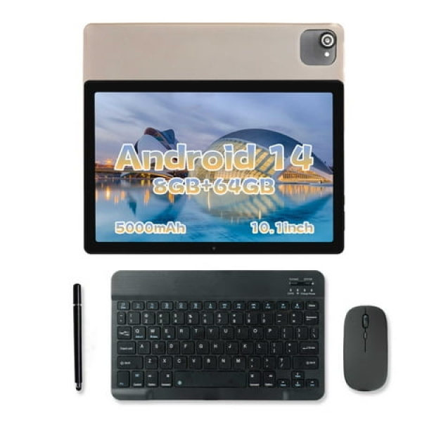 AEEZO Android 14 Tablet 10.1 inch Tablet 8GB+64GB ROM WiFi 6 Bluetooth 5.0 5MP + 8MP White+Keyboard & Mouse Set Black