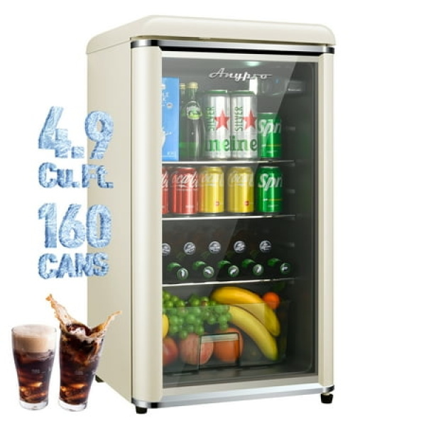 Anypro 160 Can Retro Beverage Refrigerator Cooler 4.9 Cu.Ft Mini Fridge with Tempered Glass Door Wine Drink Beer Fridge for Office Home Cream White