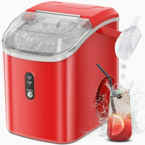 Auseo Nugget Ice Maker Countertop with Soft Chewable Pellet Ice 35lbs/24H Self-Cleaning Sonic Ice Machine for Kitchen/Office/Party-RED